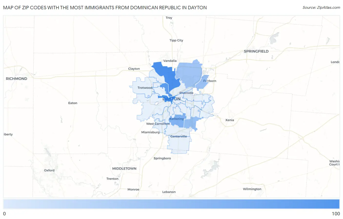 Zip Codes with the Most Immigrants from Dominican Republic in Dayton Map