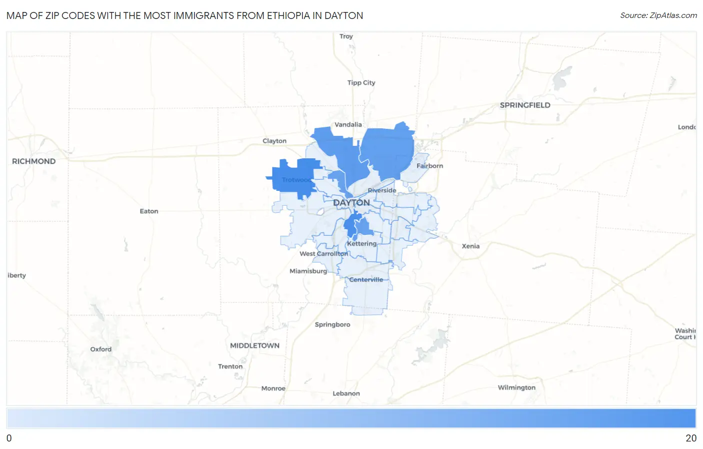 Zip Codes with the Most Immigrants from Ethiopia in Dayton Map
