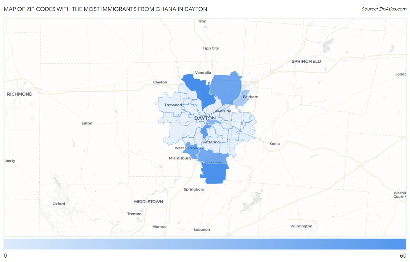 Zip Codes with the Most Immigrants from Ghana in Dayton Map
