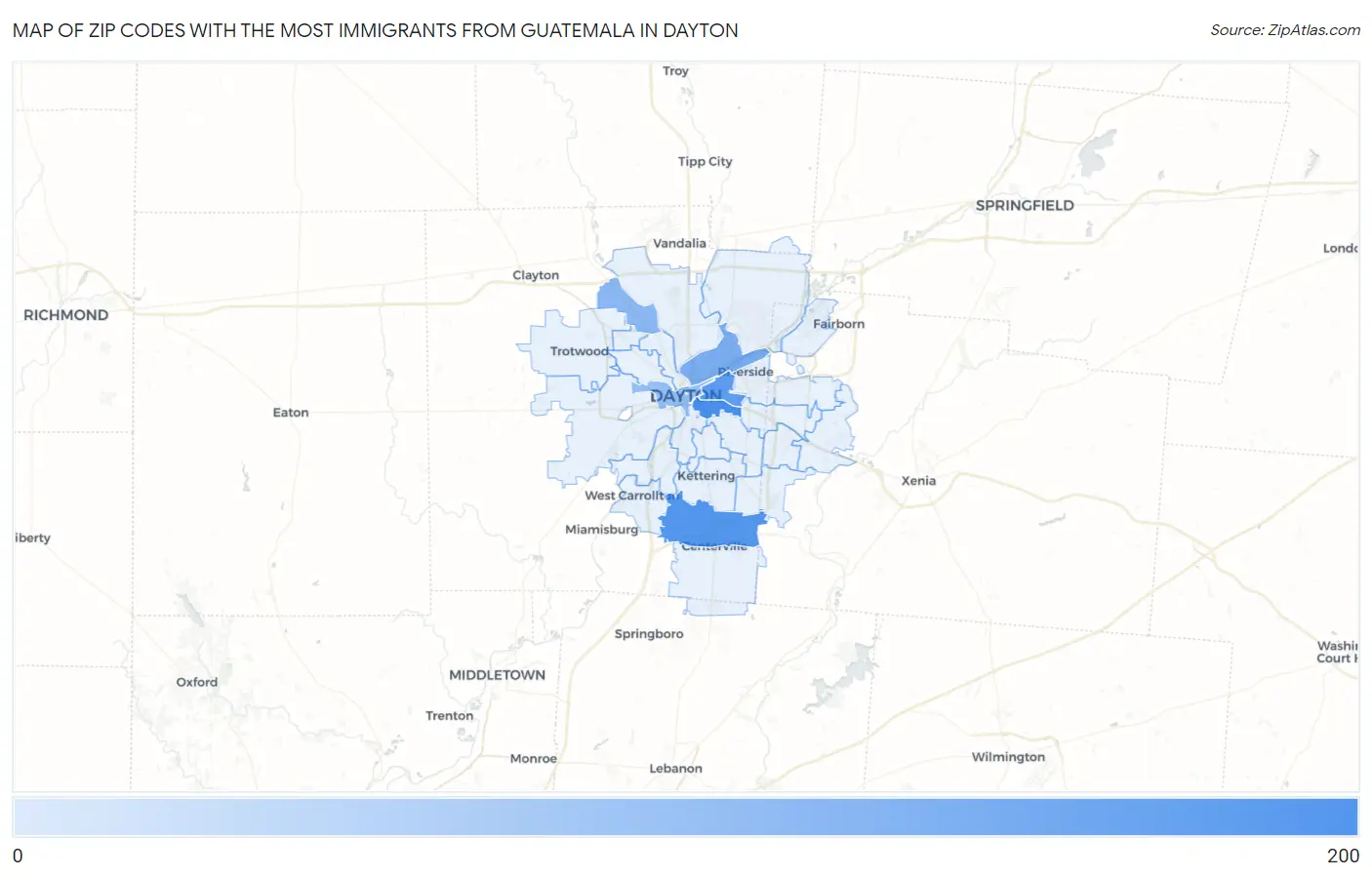 Zip Codes with the Most Immigrants from Guatemala in Dayton Map