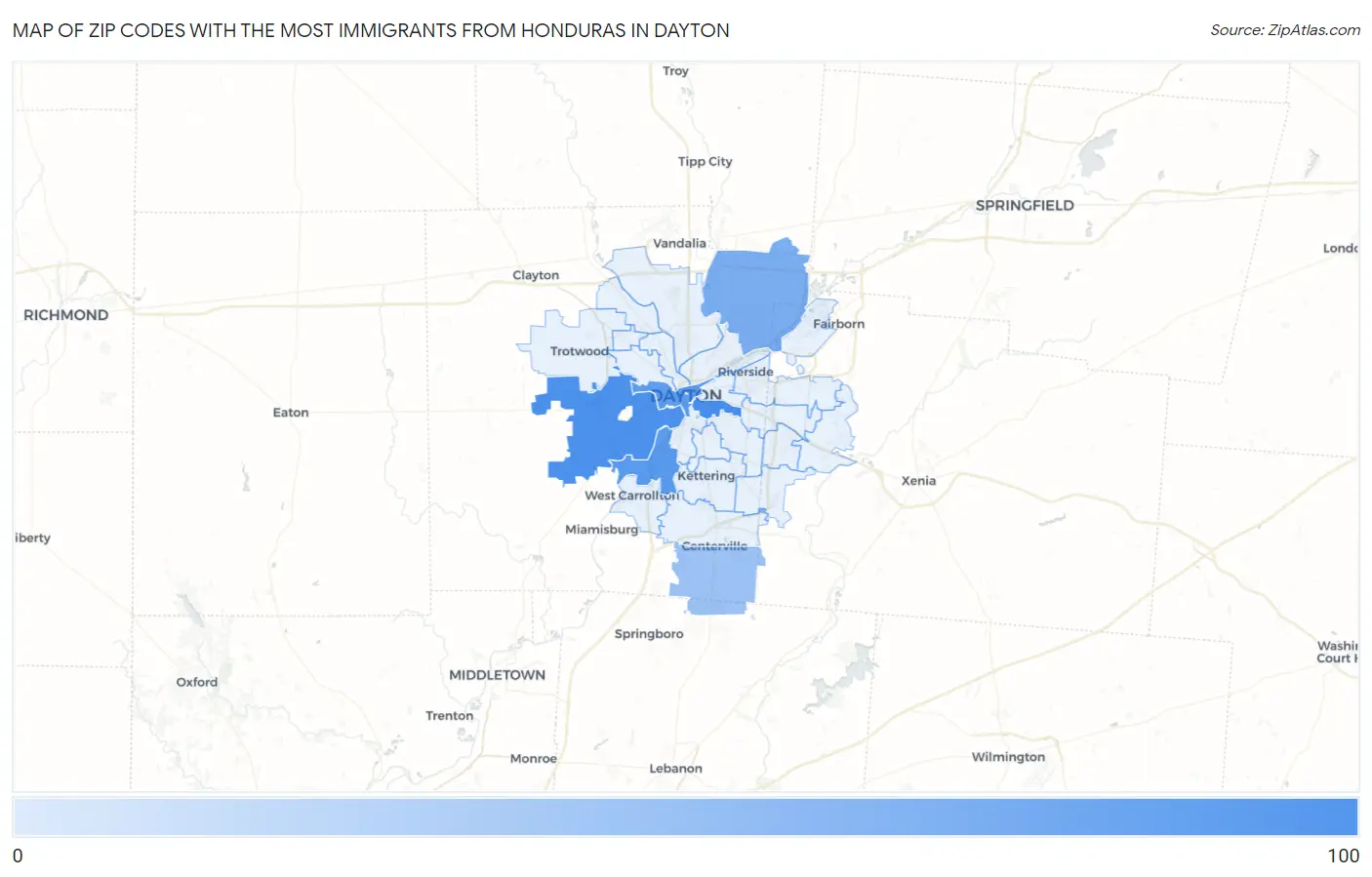 Zip Codes with the Most Immigrants from Honduras in Dayton Map