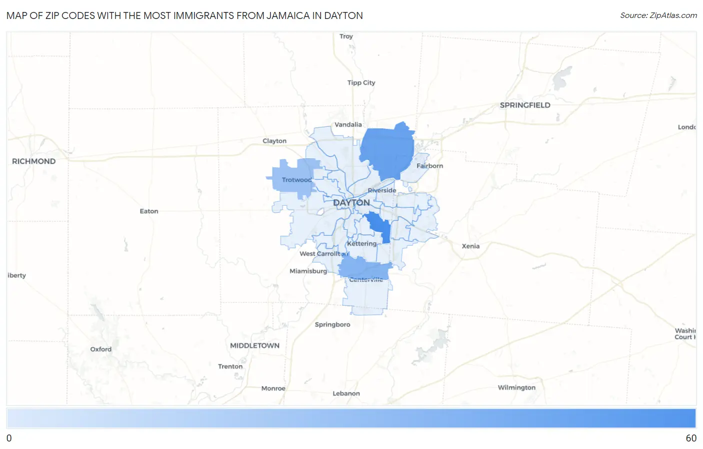 Zip Codes with the Most Immigrants from Jamaica in Dayton Map