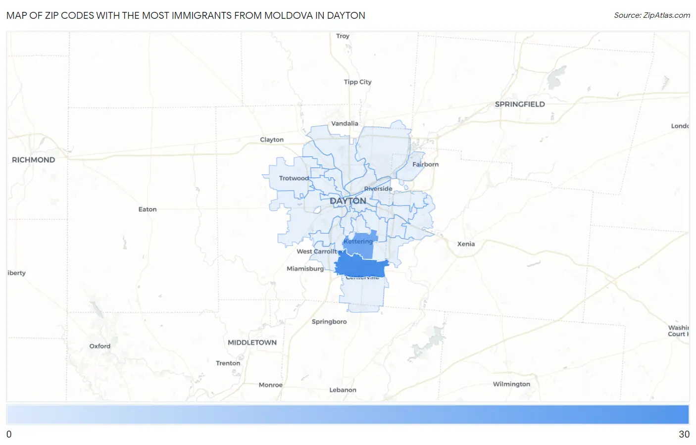 Zip Codes with the Most Immigrants from Moldova in Dayton Map