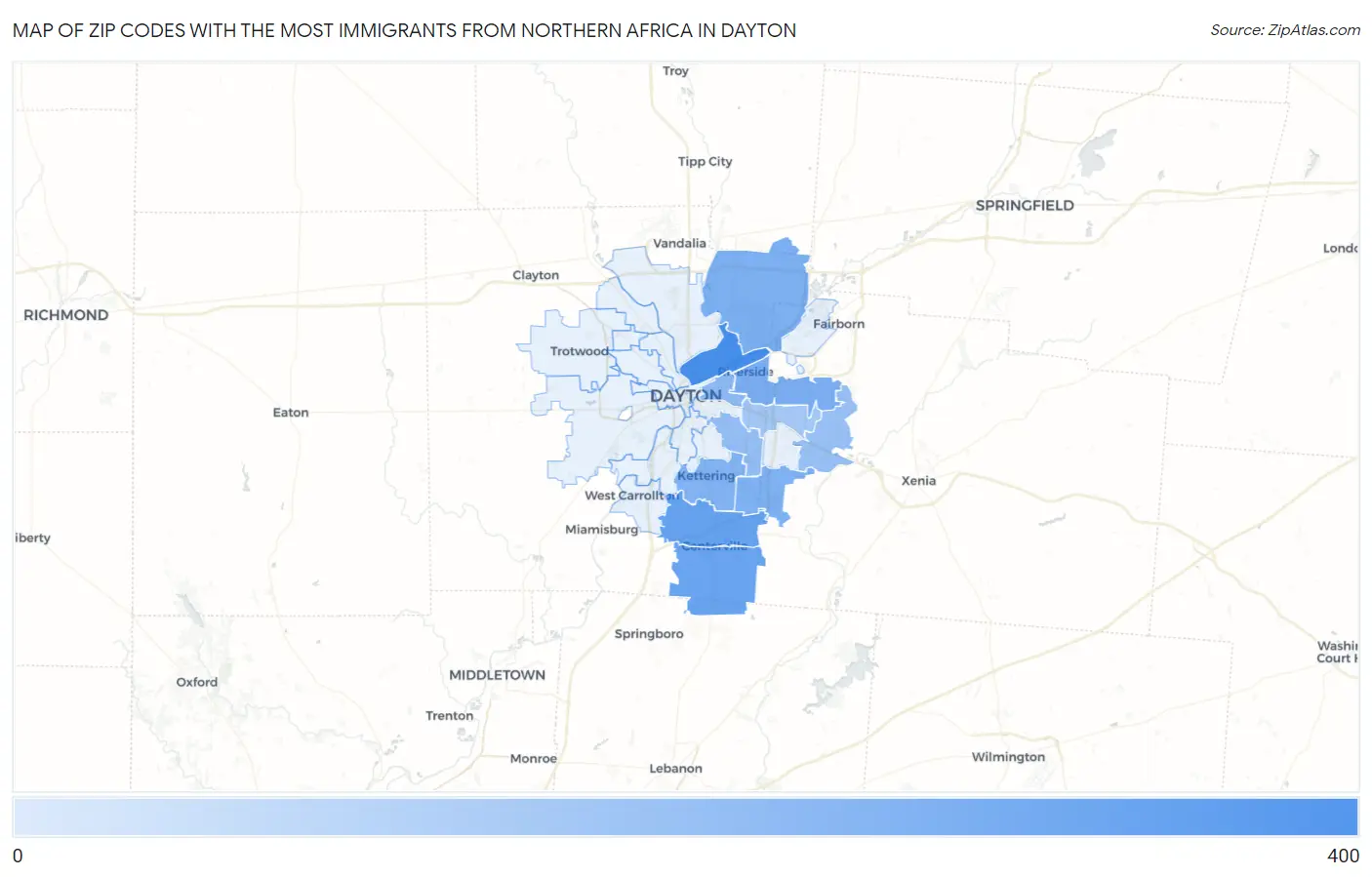 Zip Codes with the Most Immigrants from Northern Africa in Dayton Map