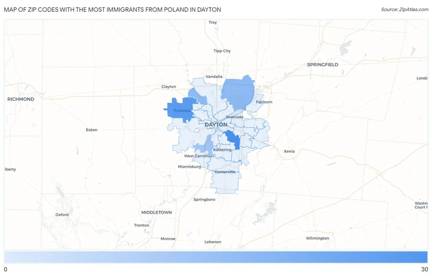 Zip Codes with the Most Immigrants from Poland in Dayton Map