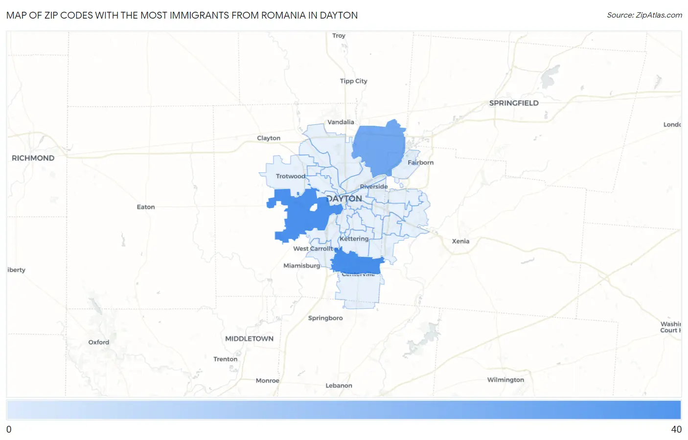 Zip Codes with the Most Immigrants from Romania in Dayton Map