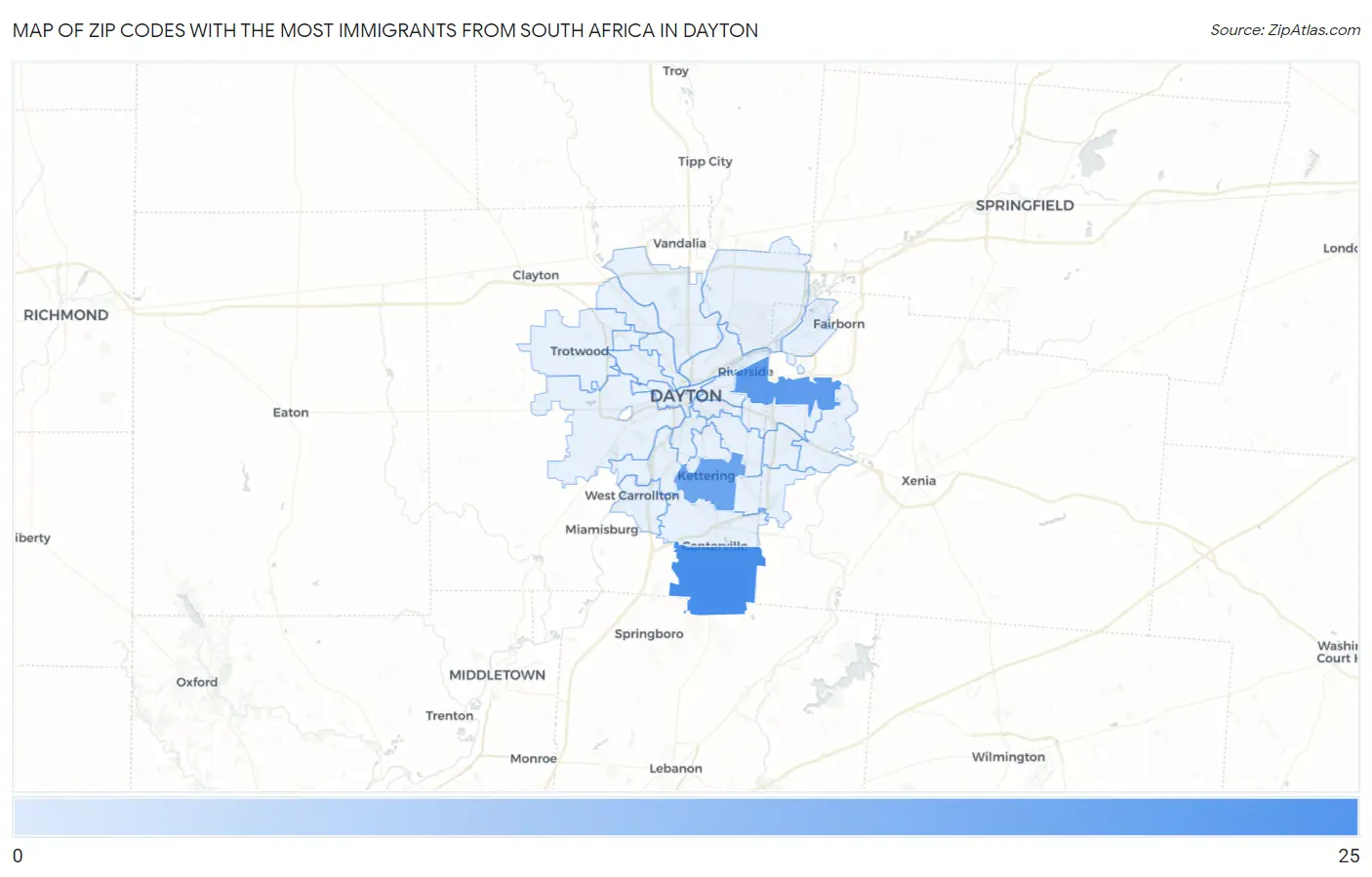 Zip Codes with the Most Immigrants from South Africa in Dayton Map