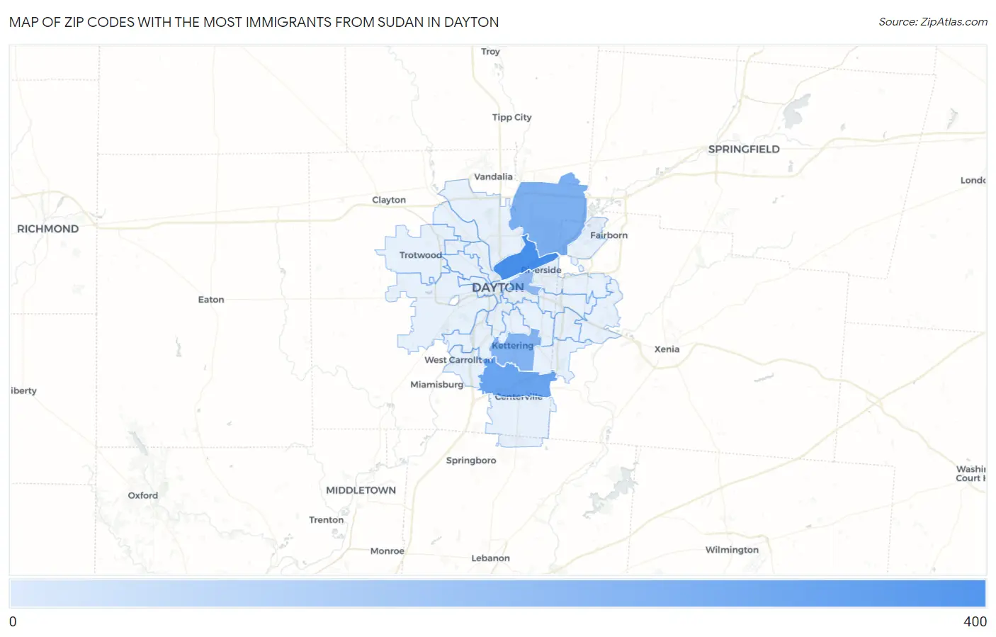 Zip Codes with the Most Immigrants from Sudan in Dayton Map