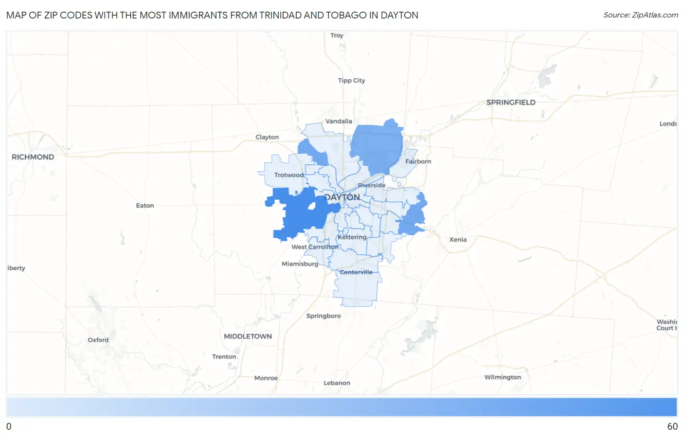 Zip Codes with the Most Immigrants from Trinidad and Tobago in Dayton Map