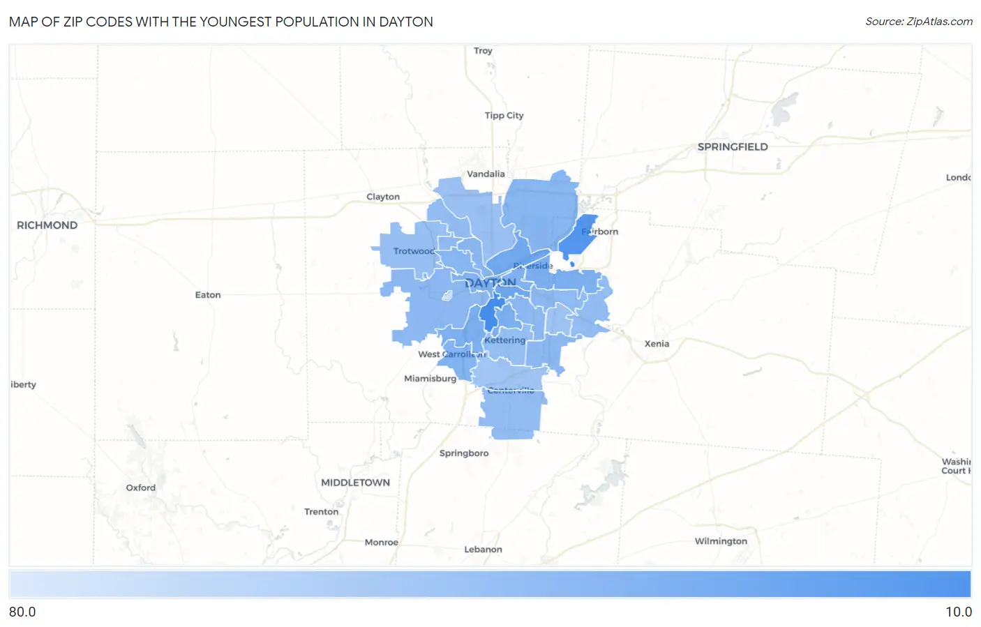 Zip Codes with the Youngest Population in Dayton Map