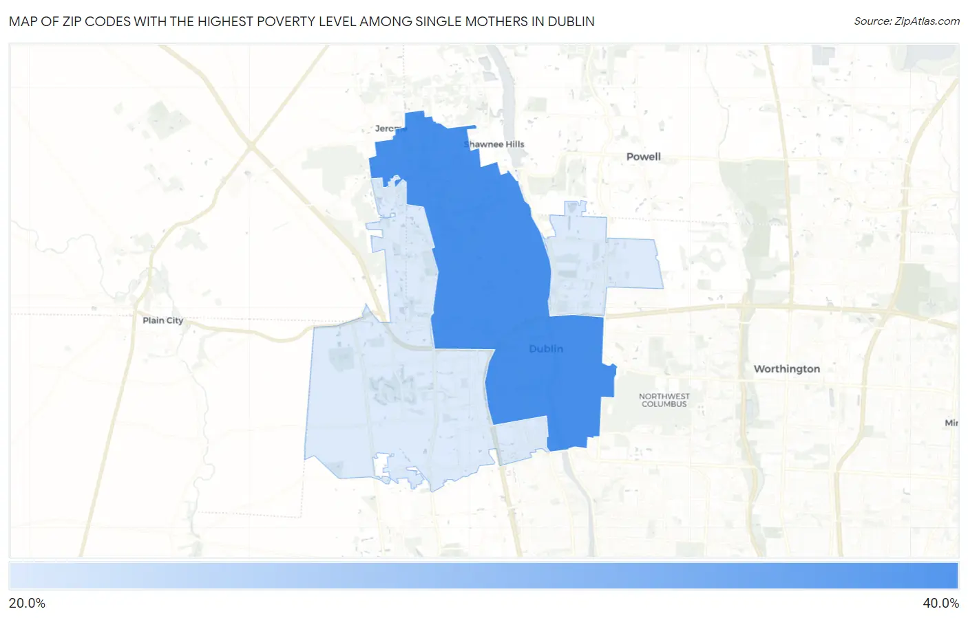 Zip Codes with the Highest Poverty Level Among Single Mothers in Dublin Map