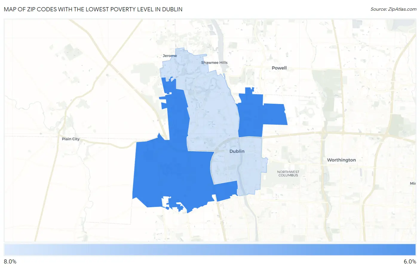 Zip Codes with the Lowest Poverty Level in Dublin Map
