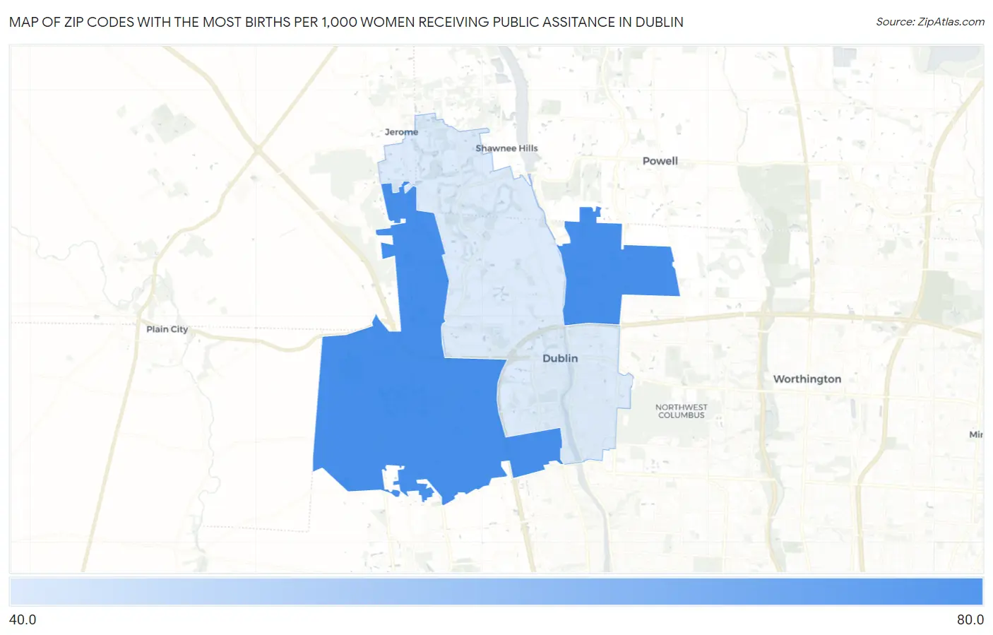 Zip Codes with the Most Births per 1,000 Women Receiving Public Assitance in Dublin Map