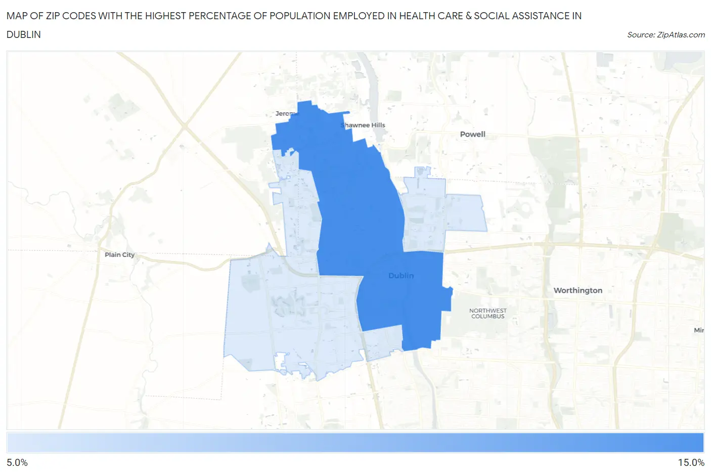 Zip Codes with the Highest Percentage of Population Employed in Health Care & Social Assistance in Dublin Map