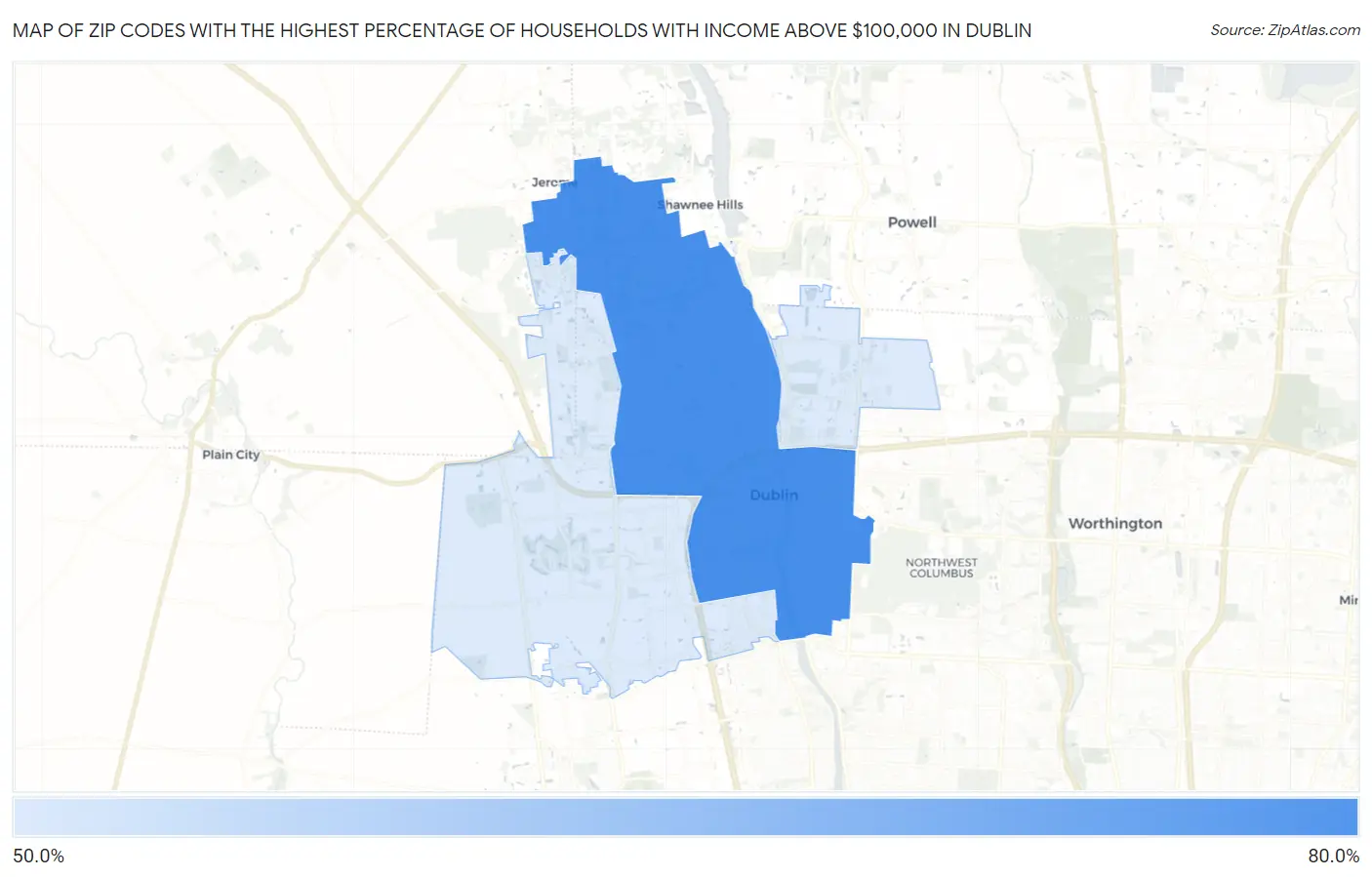 Zip Codes with the Highest Percentage of Households with Income Above $100,000 in Dublin Map