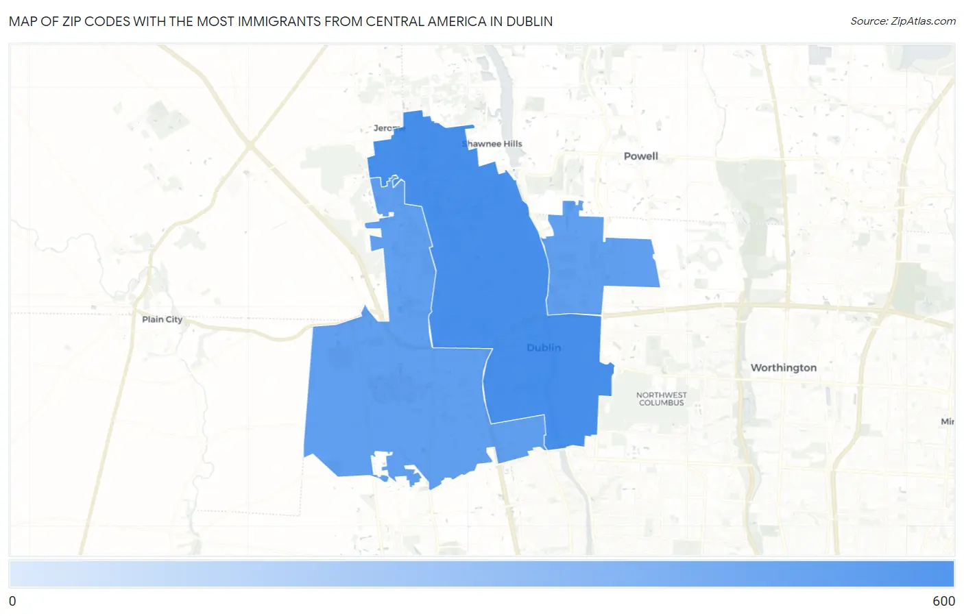 Zip Codes with the Most Immigrants from Central America in Dublin Map