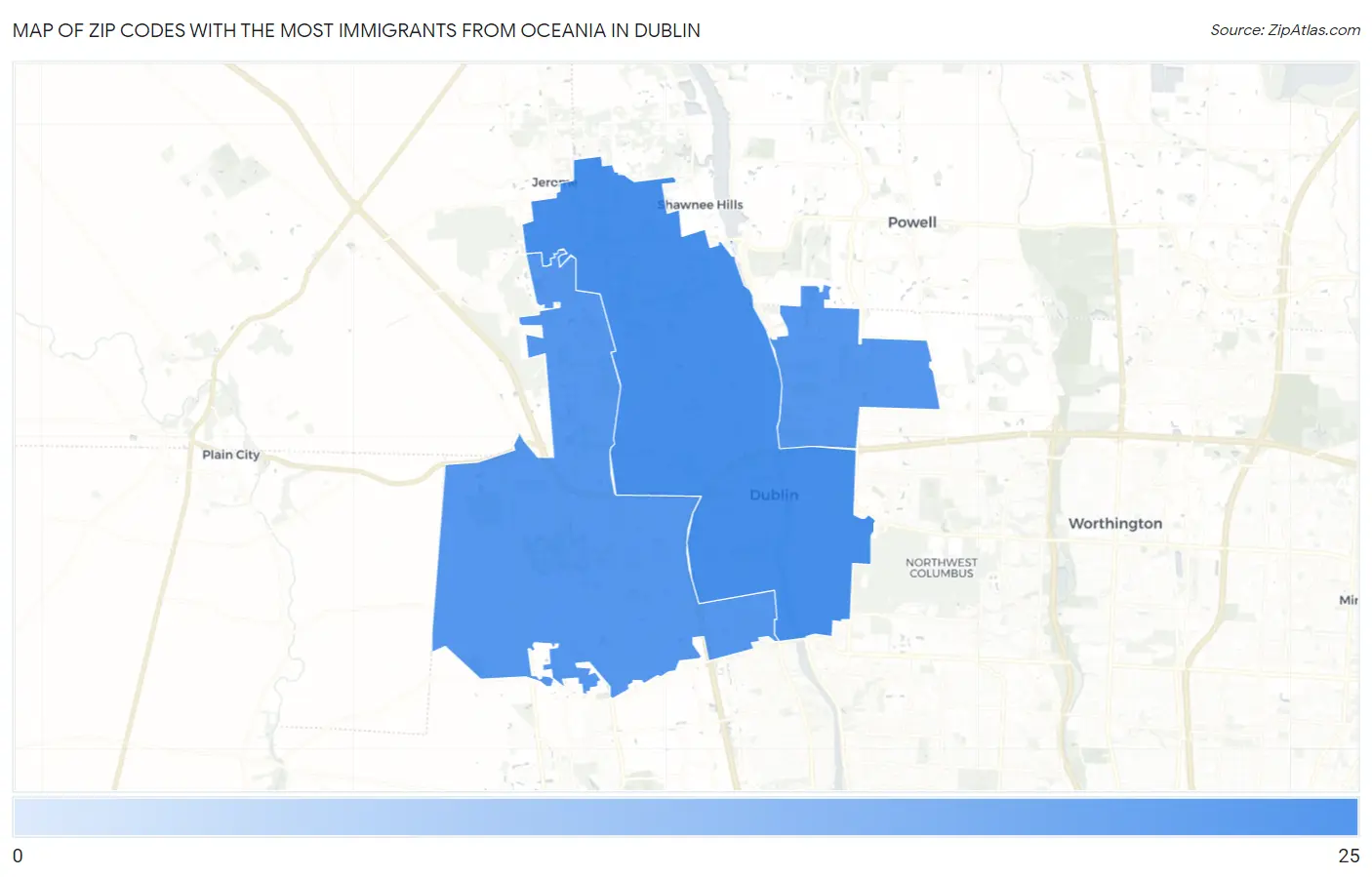 Zip Codes with the Most Immigrants from Oceania in Dublin Map