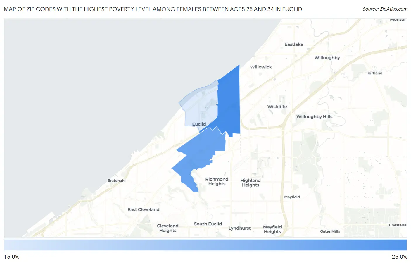 Zip Codes with the Highest Poverty Level Among Females Between Ages 25 and 34 in Euclid Map