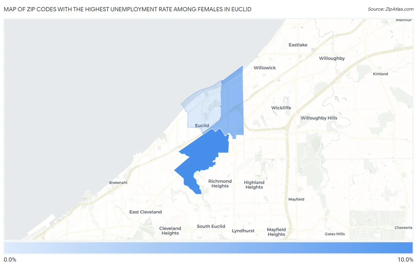 Zip Codes with the Highest Unemployment Rate Among Females in Euclid Map