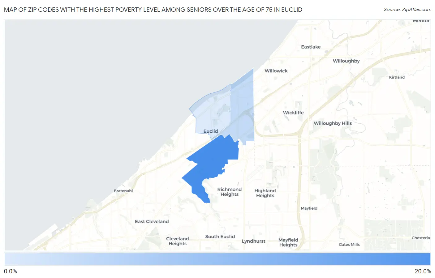 Zip Codes with the Highest Poverty Level Among Seniors Over the Age of 75 in Euclid Map