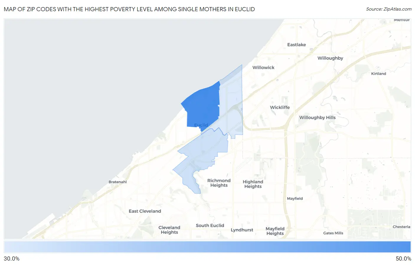 Zip Codes with the Highest Poverty Level Among Single Mothers in Euclid Map