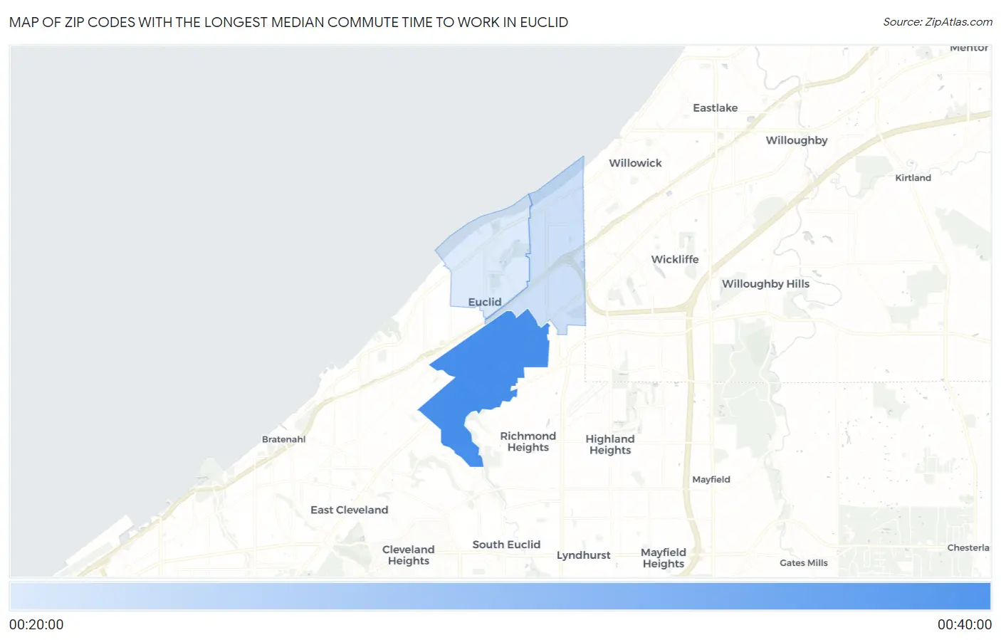 Zip Codes with the Longest Median Commute Time to Work in Euclid Map