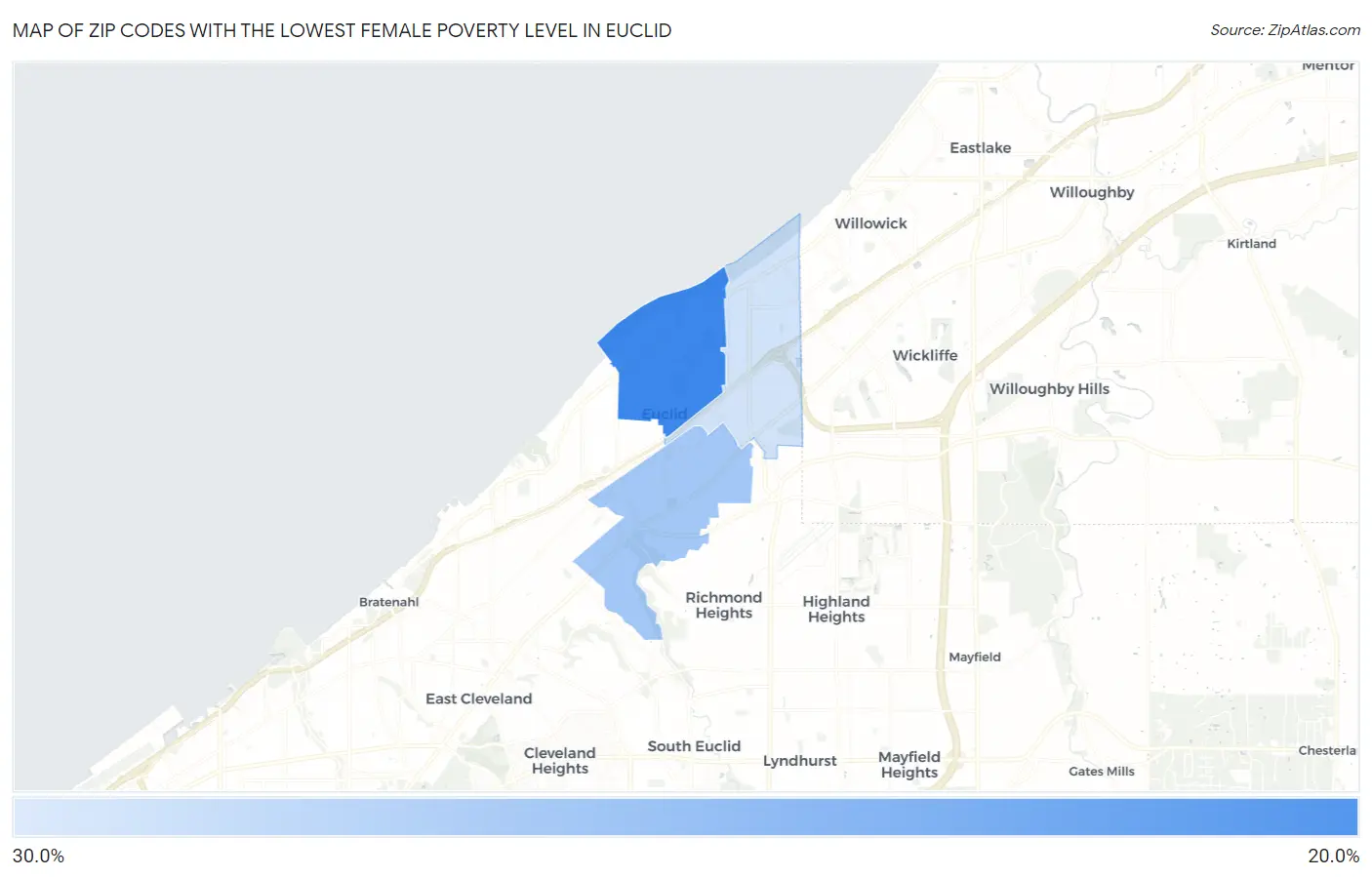 Zip Codes with the Lowest Female Poverty Level in Euclid Map