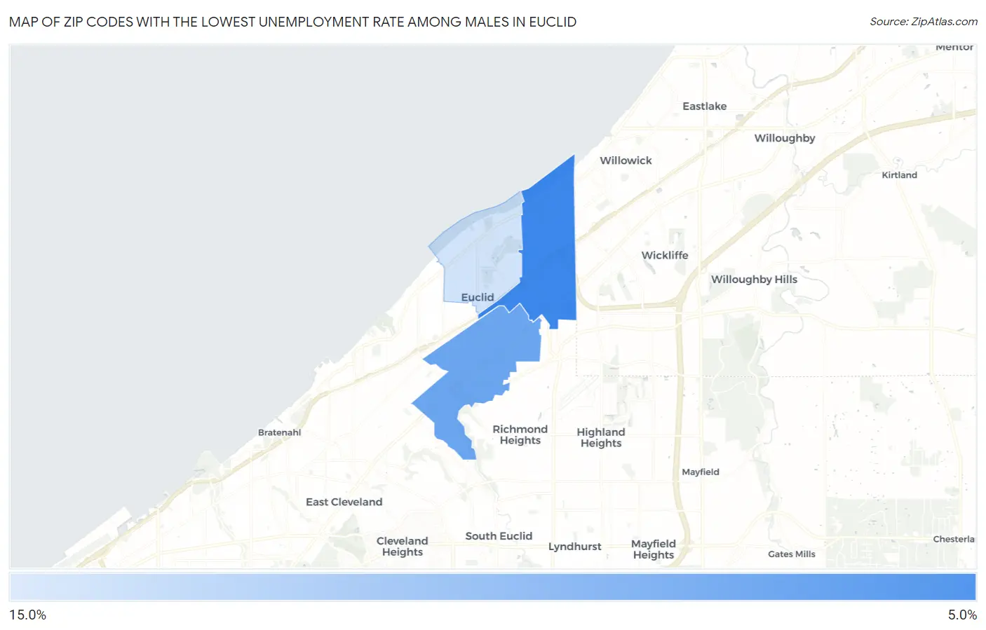 Zip Codes with the Lowest Unemployment Rate Among Males in Euclid Map