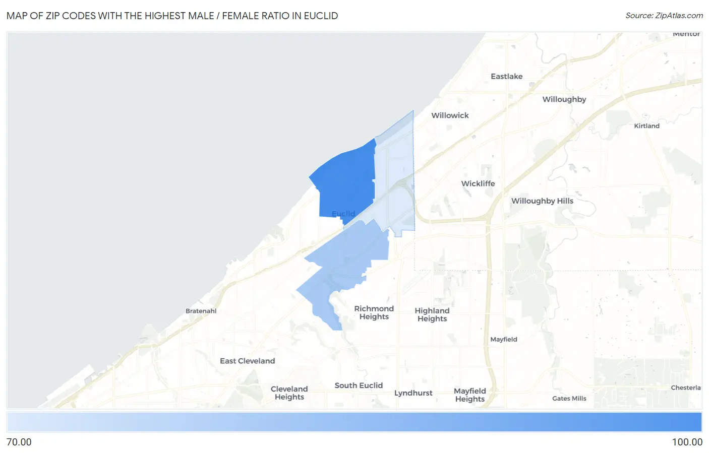 Zip Codes with the Highest Male / Female Ratio in Euclid Map