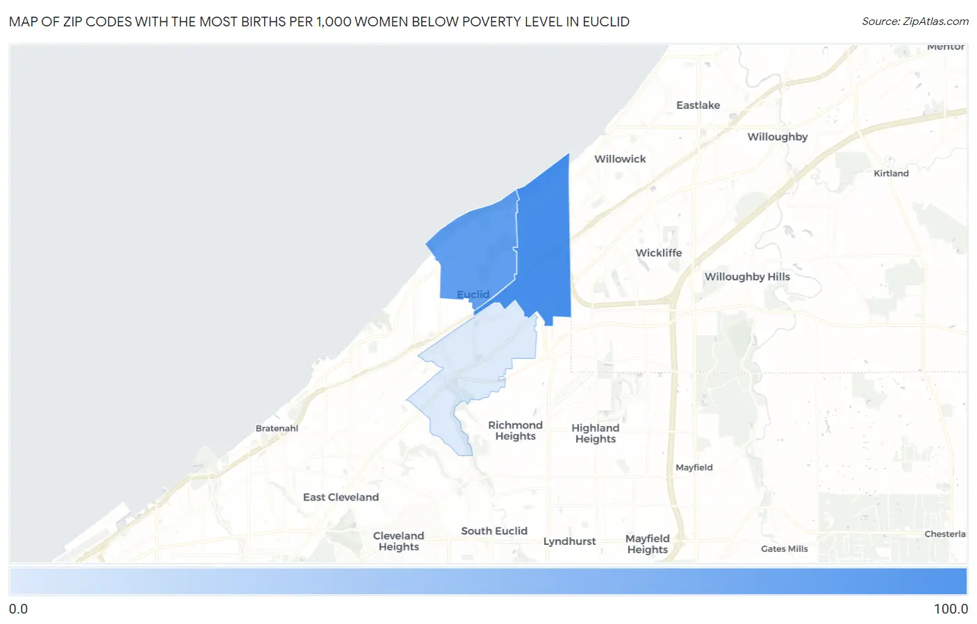 Zip Codes with the Most Births per 1,000 Women Below Poverty Level in Euclid Map