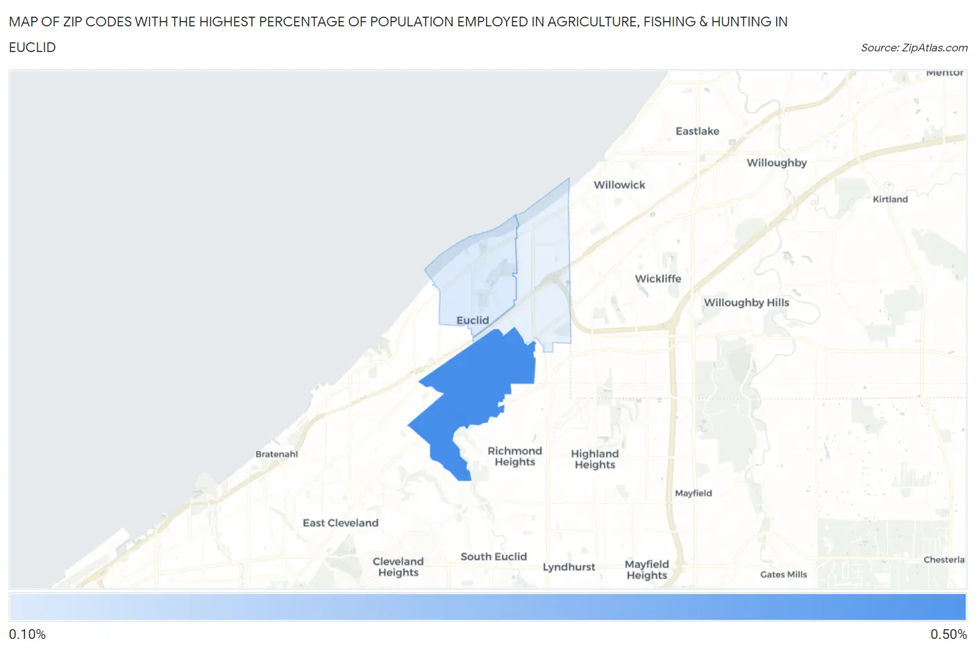 Zip Codes with the Highest Percentage of Population Employed in Agriculture, Fishing & Hunting in Euclid Map