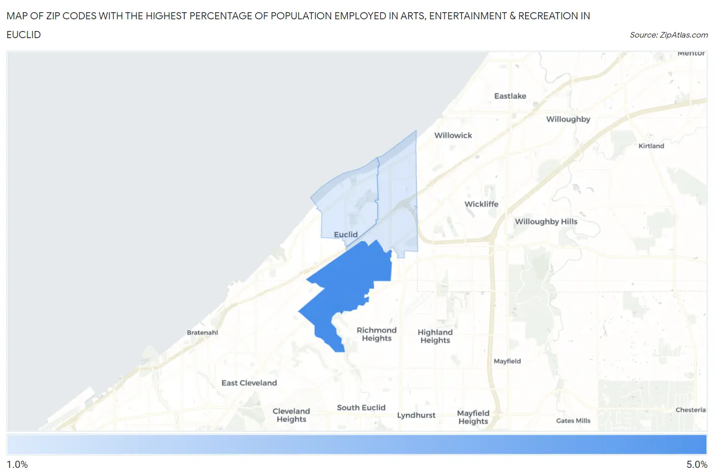 Zip Codes with the Highest Percentage of Population Employed in Arts, Entertainment & Recreation in Euclid Map