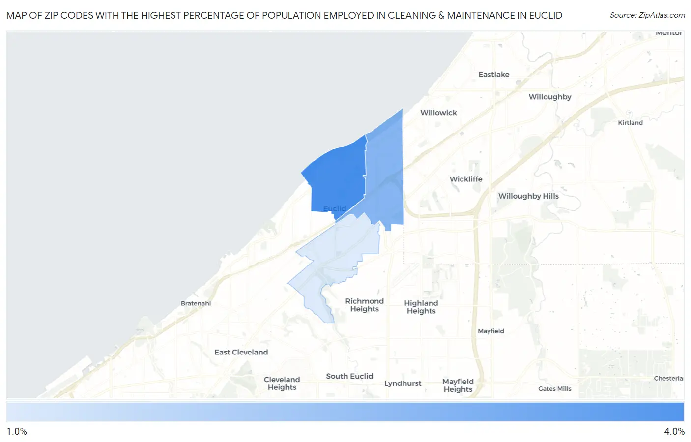 Zip Codes with the Highest Percentage of Population Employed in Cleaning & Maintenance in Euclid Map