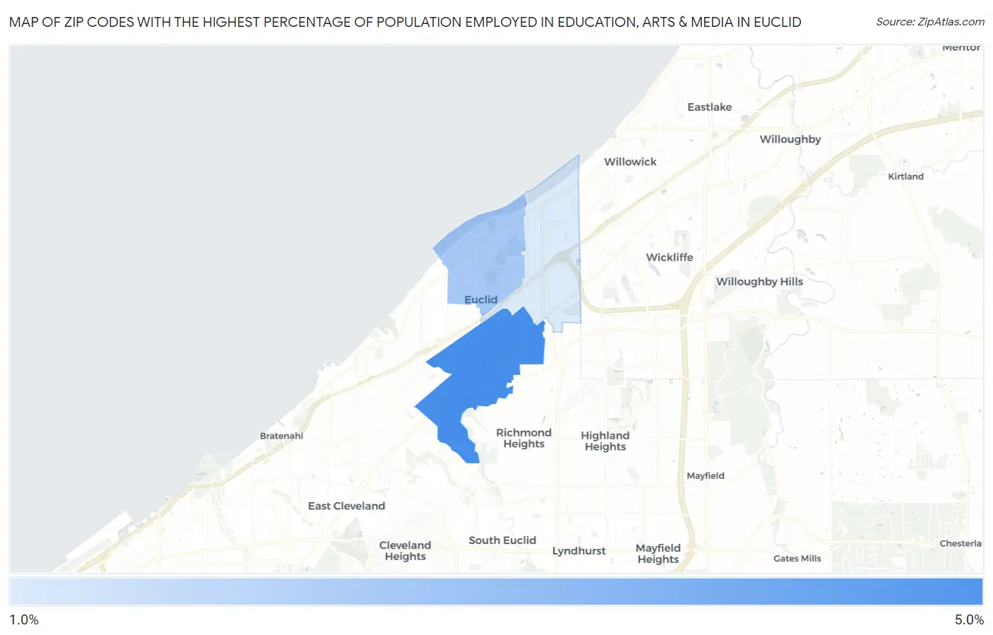 Zip Codes with the Highest Percentage of Population Employed in Education, Arts & Media in Euclid Map