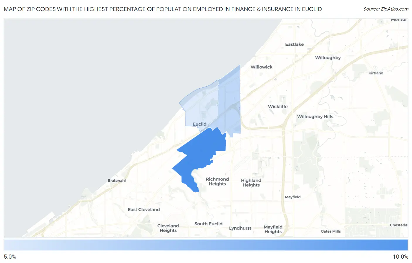 Zip Codes with the Highest Percentage of Population Employed in Finance & Insurance in Euclid Map
