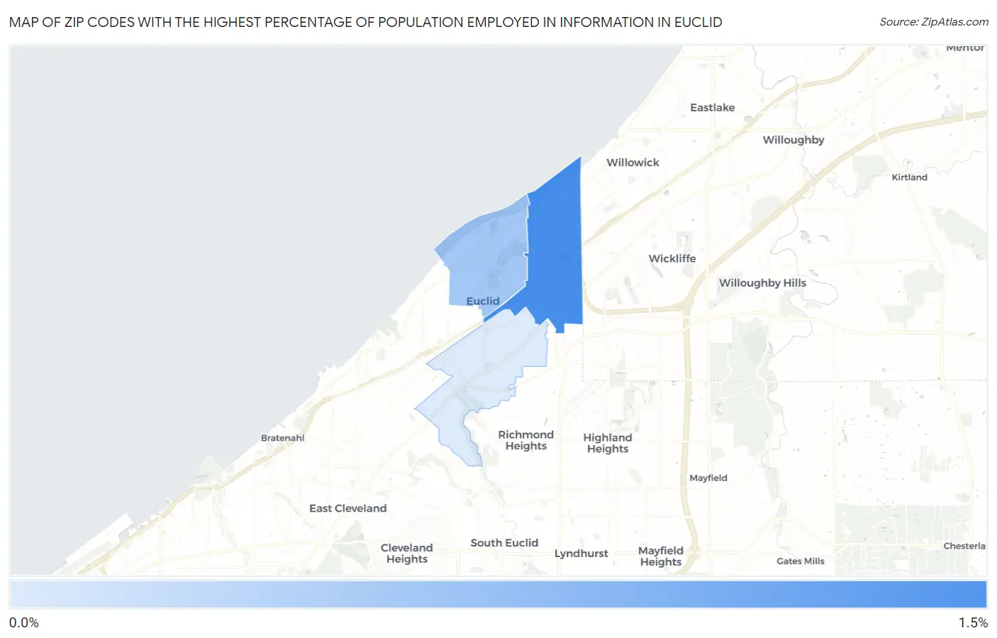 Zip Codes with the Highest Percentage of Population Employed in Information in Euclid Map