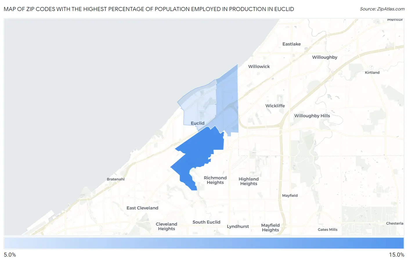 Zip Codes with the Highest Percentage of Population Employed in Production in Euclid Map