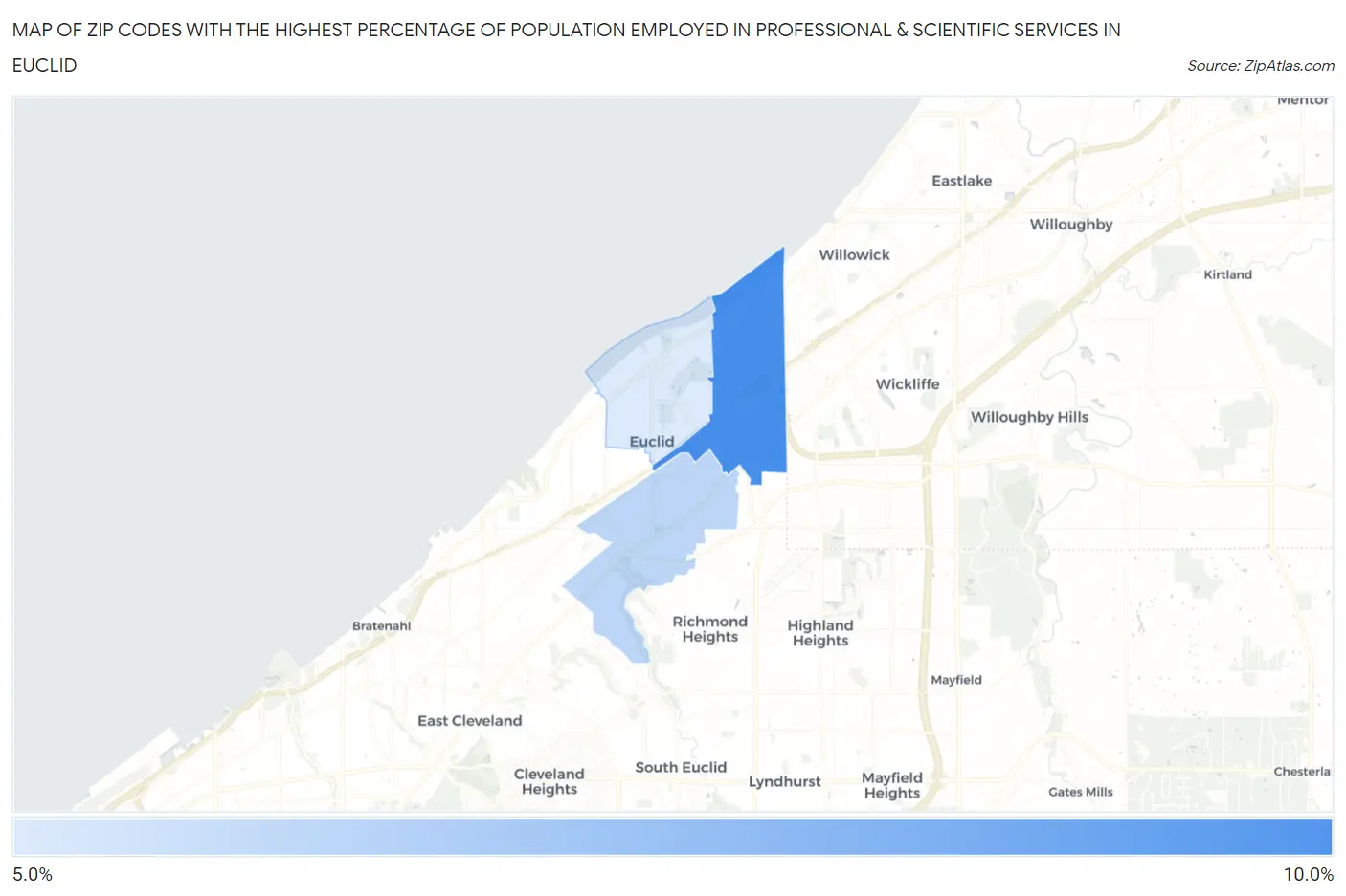 Zip Codes with the Highest Percentage of Population Employed in Professional & Scientific Services in Euclid Map