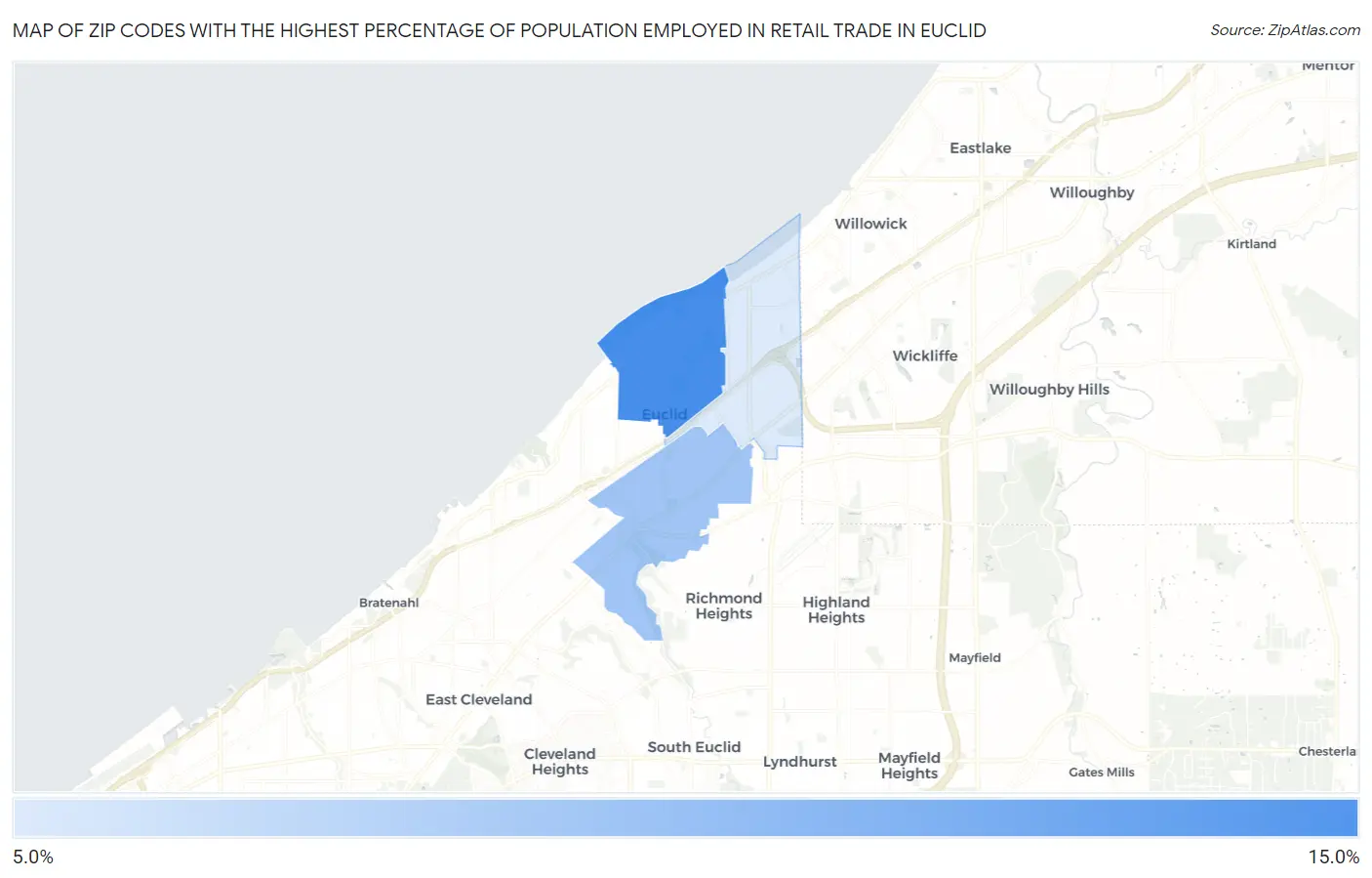 Zip Codes with the Highest Percentage of Population Employed in Retail Trade in Euclid Map