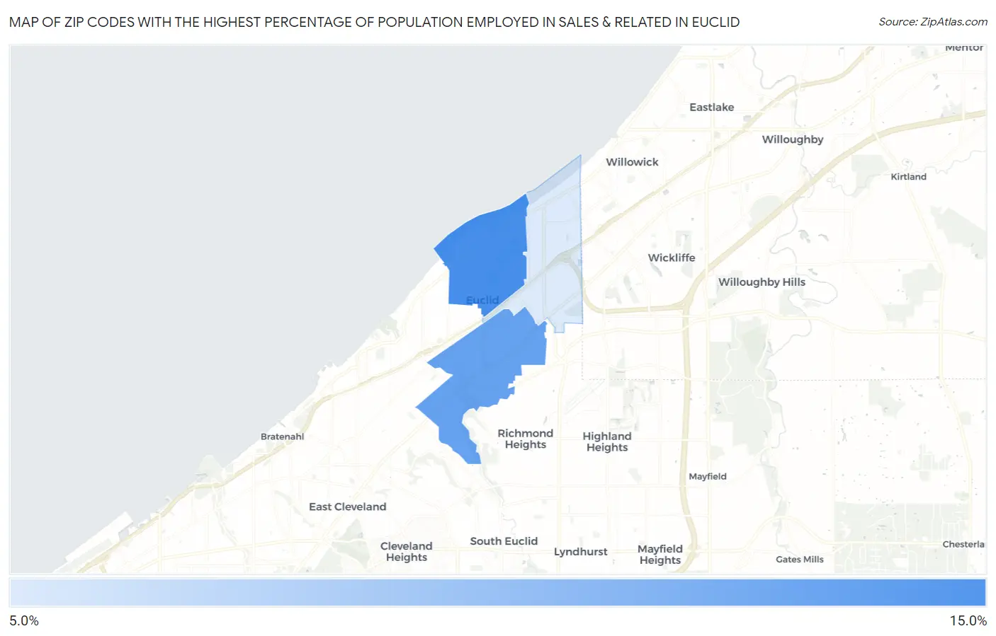 Zip Codes with the Highest Percentage of Population Employed in Sales & Related in Euclid Map