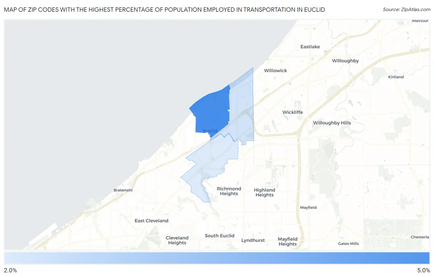 Zip Codes with the Highest Percentage of Population Employed in Transportation in Euclid Map