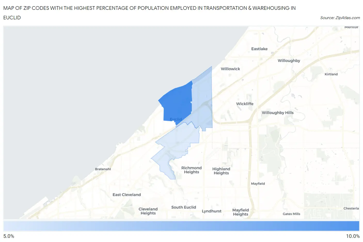 Zip Codes with the Highest Percentage of Population Employed in Transportation & Warehousing in Euclid Map