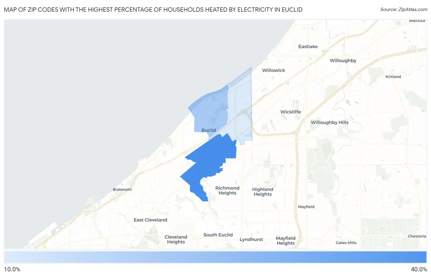 Zip Codes with the Highest Percentage of Households Heated by Electricity in Euclid Map