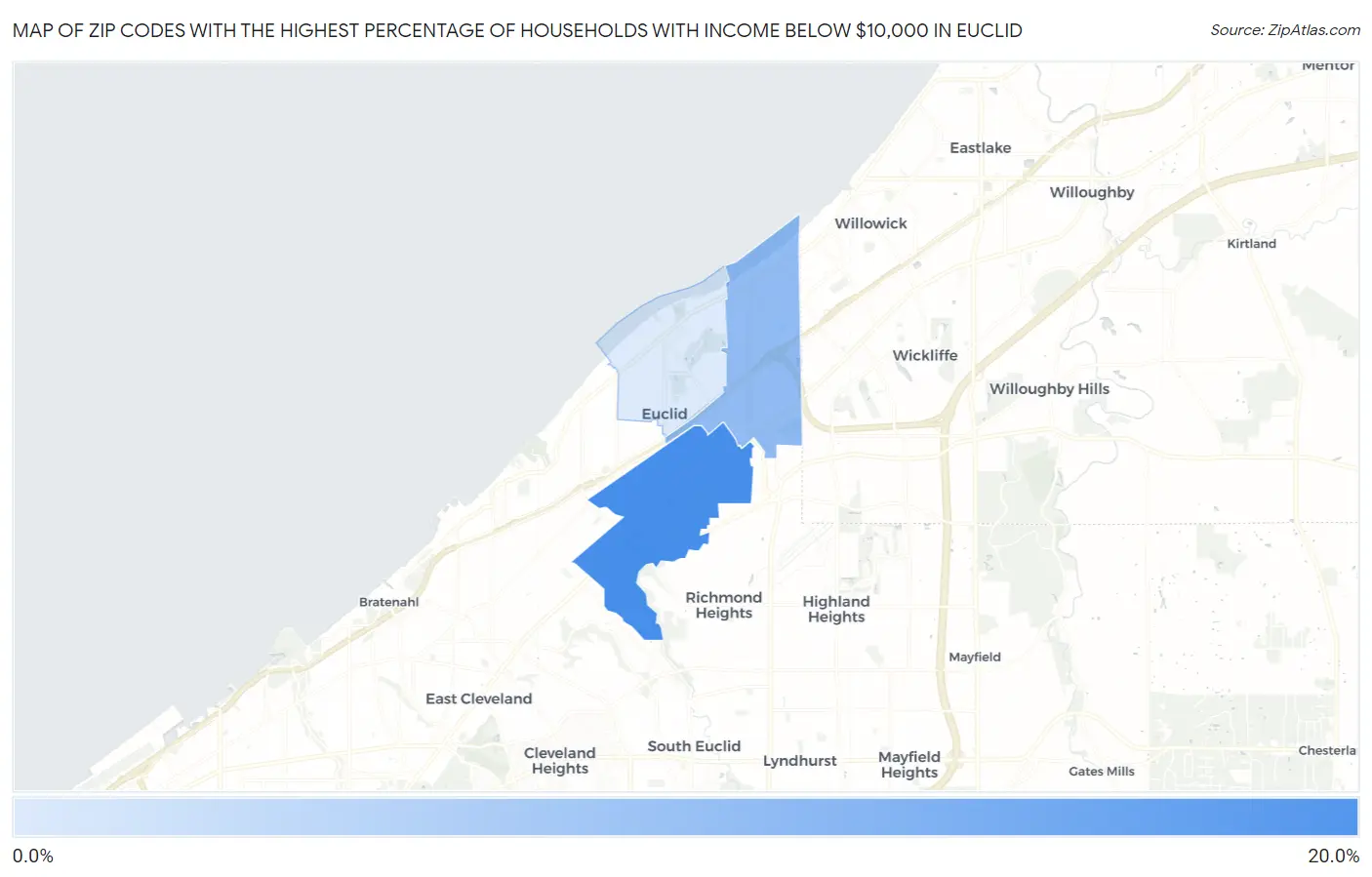 Zip Codes with the Highest Percentage of Households with Income Below $10,000 in Euclid Map
