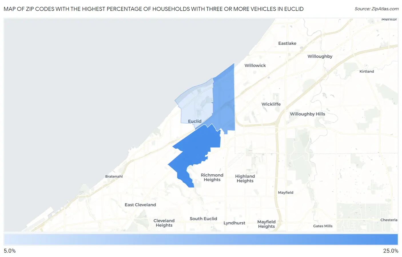 Zip Codes with the Highest Percentage of Households With Three or more Vehicles in Euclid Map