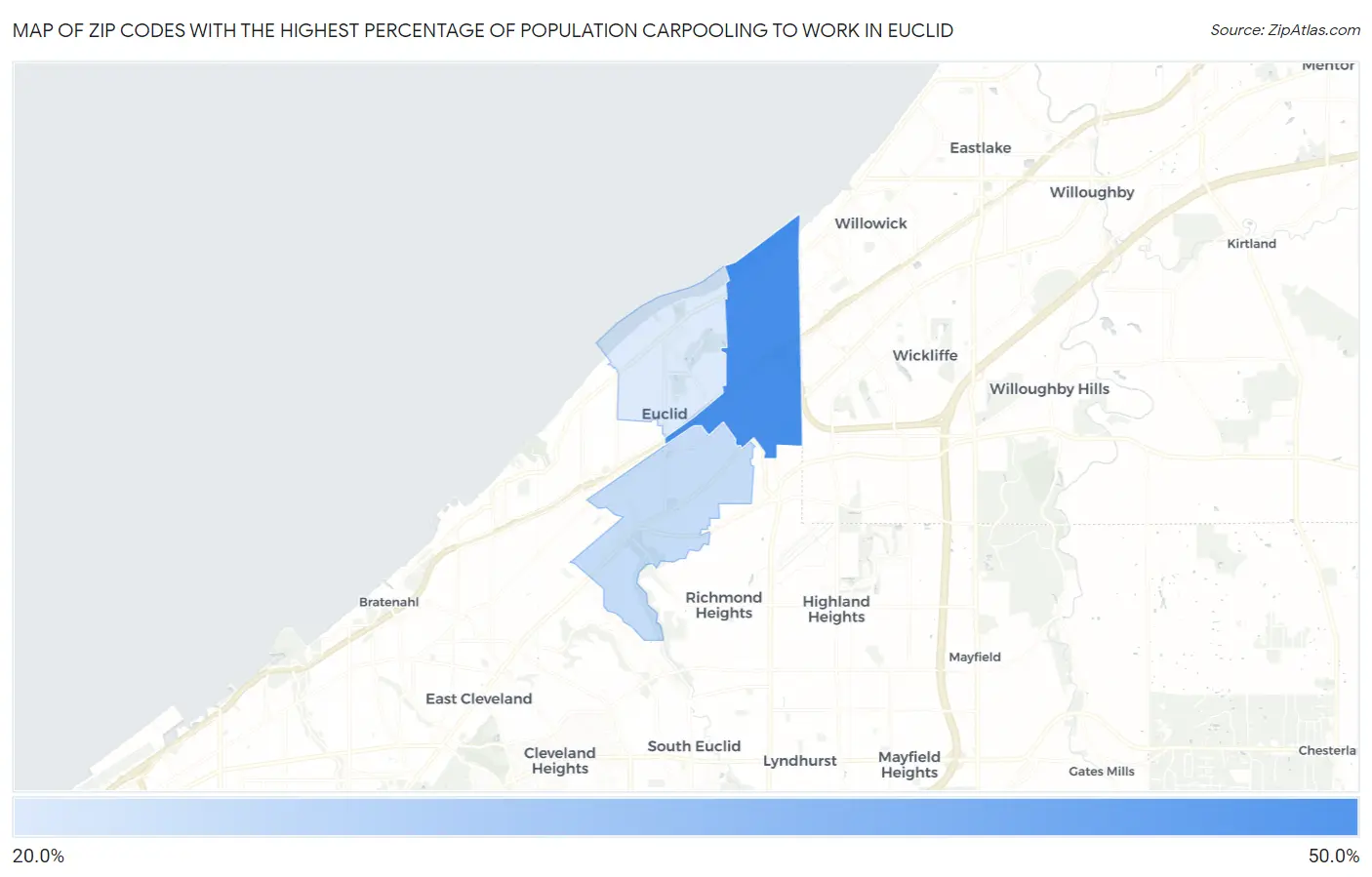 Zip Codes with the Highest Percentage of Population Carpooling to Work in Euclid Map