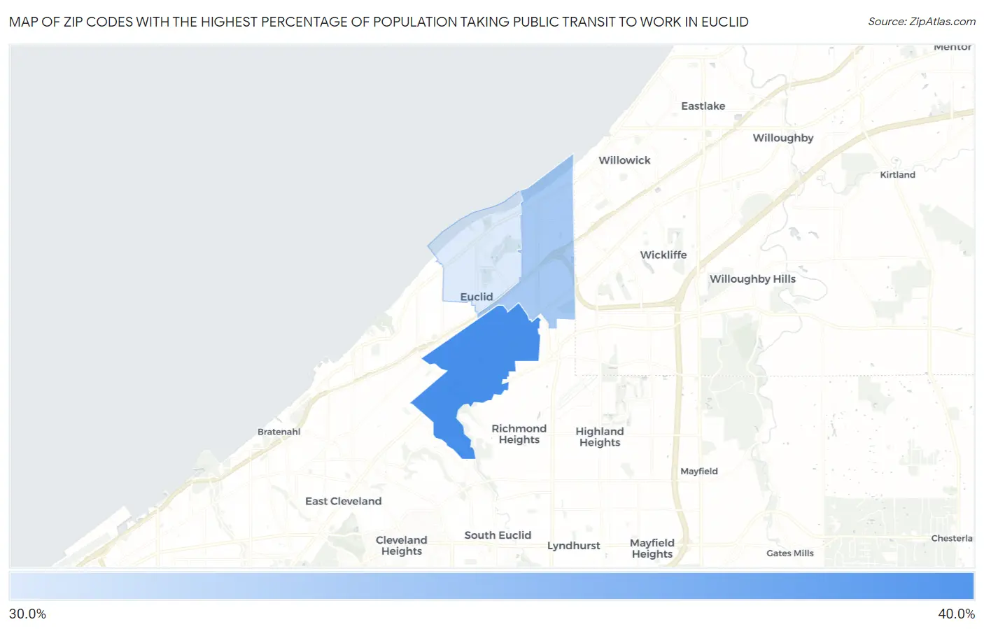 Zip Codes with the Highest Percentage of Population Taking Public Transit to Work in Euclid Map