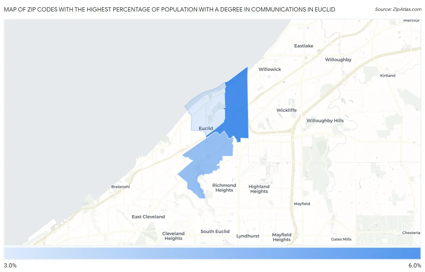 Zip Codes with the Highest Percentage of Population with a Degree in Communications in Euclid Map