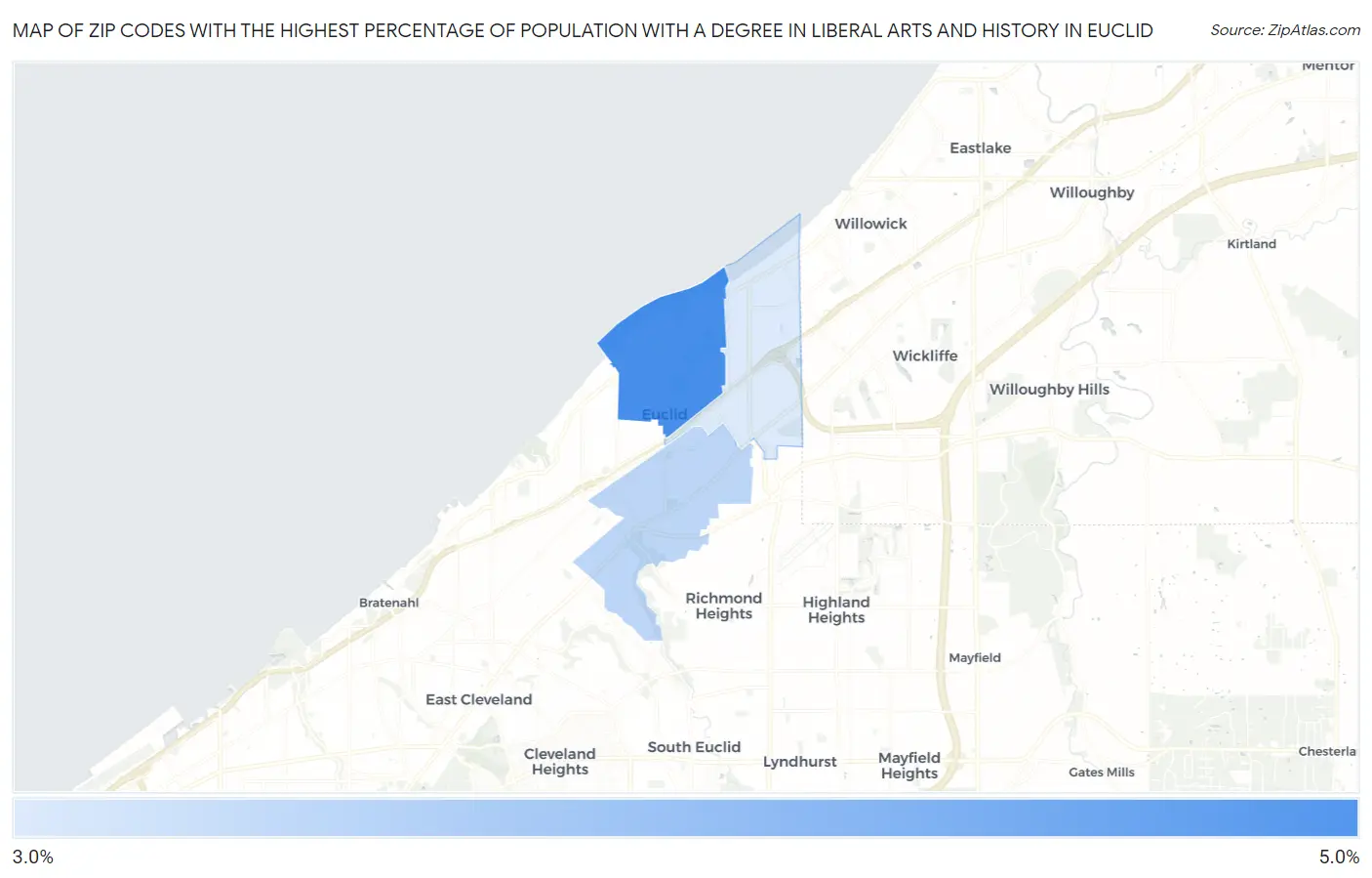 Zip Codes with the Highest Percentage of Population with a Degree in Liberal Arts and History in Euclid Map