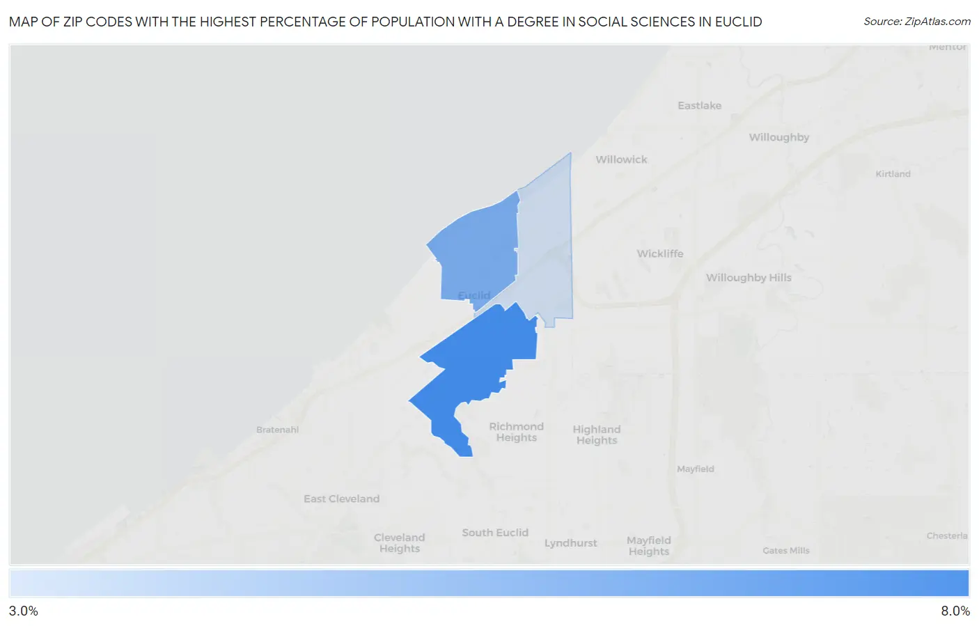 Zip Codes with the Highest Percentage of Population with a Degree in Social Sciences in Euclid Map